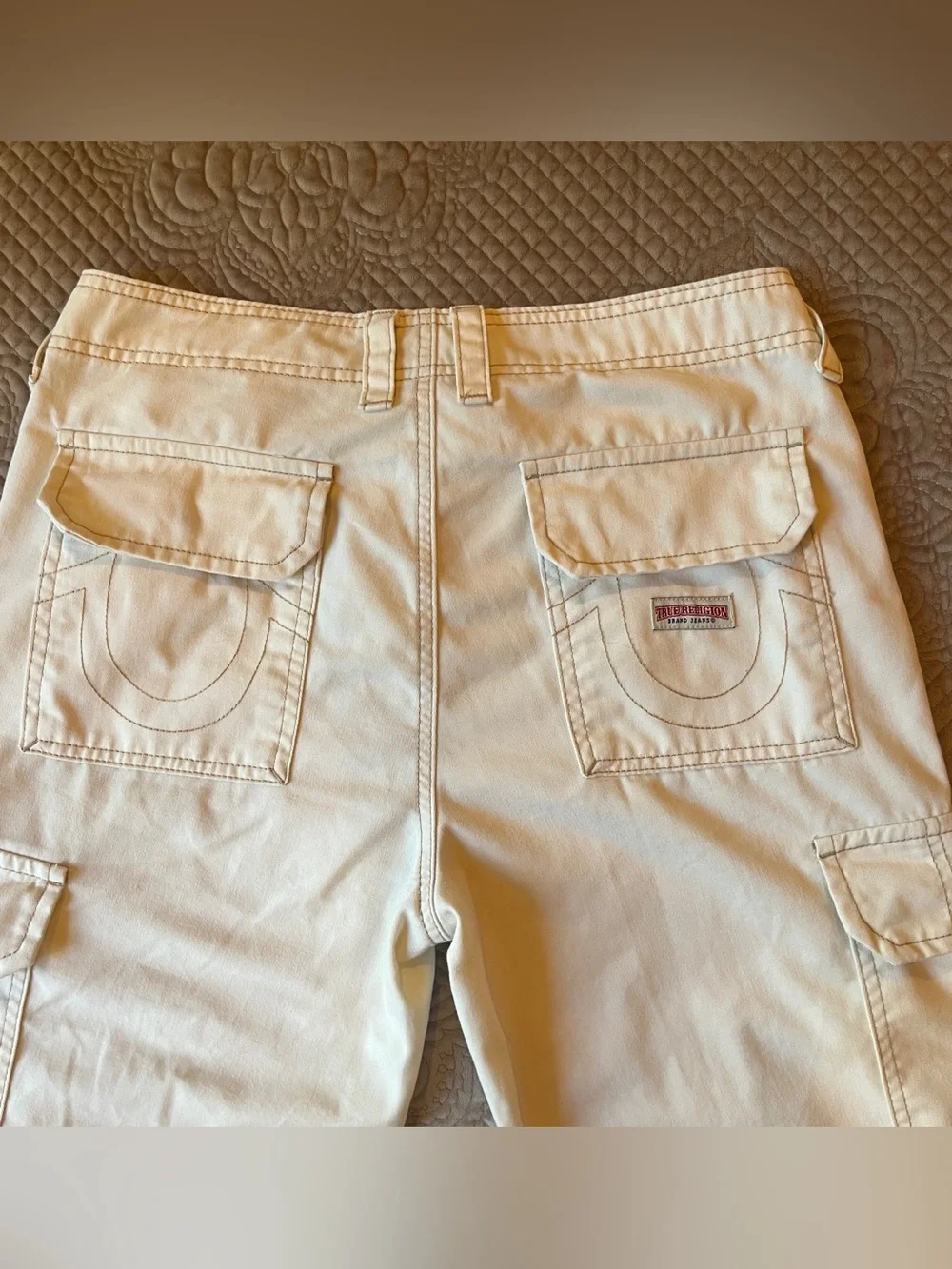 True Religion Men’s Off-White Cargo Pants - Utility Pocket Detail